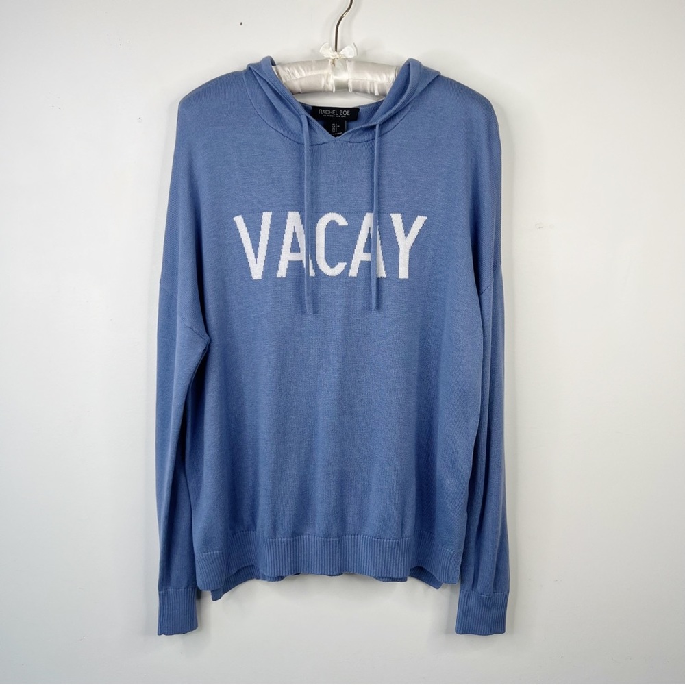 Rachel Zoe blue pullover hoodie vacay spell out sweater Sz L